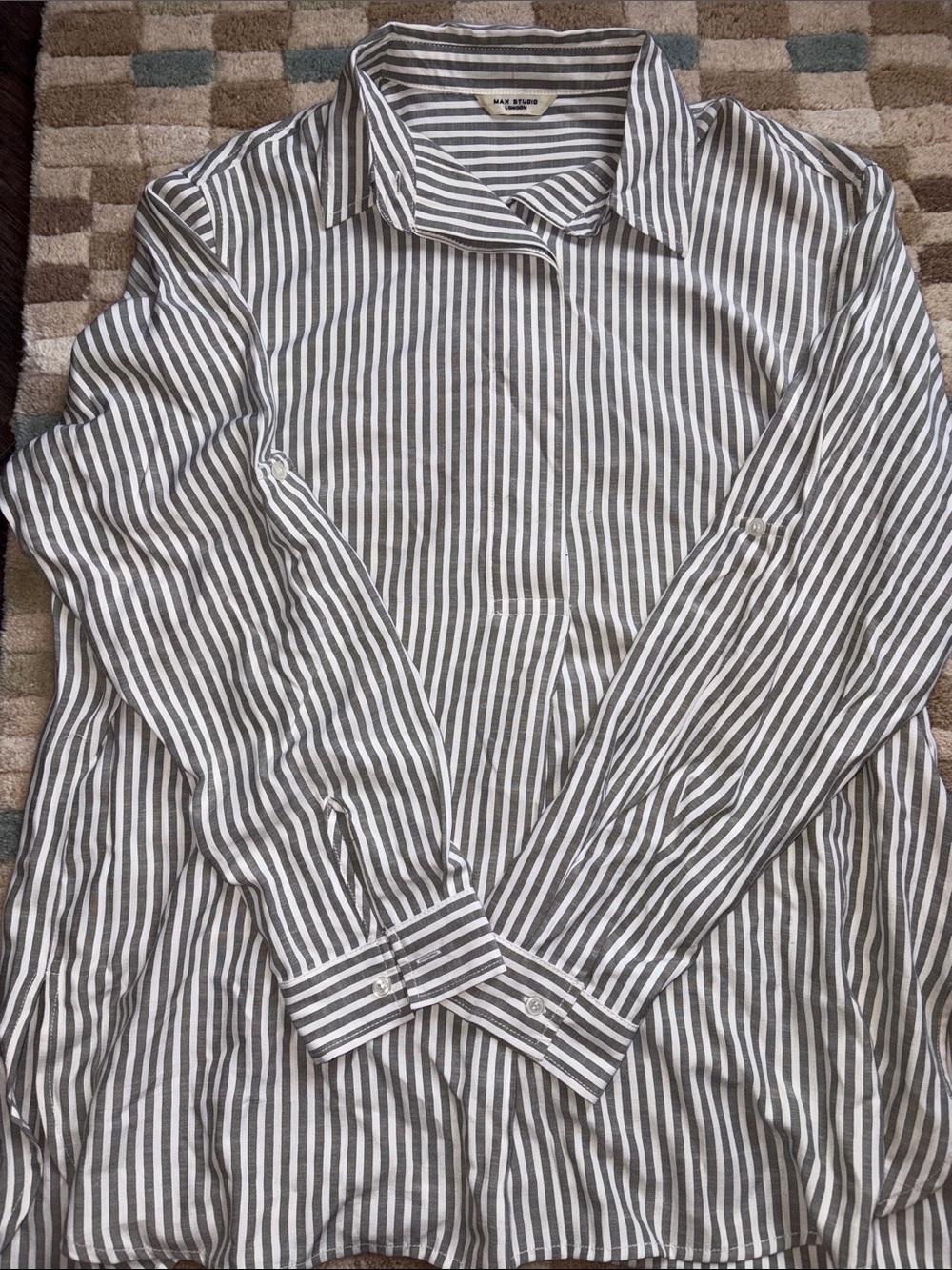 Max Studio Cream and Gray Vertical Stripe Button-Down Shirt
